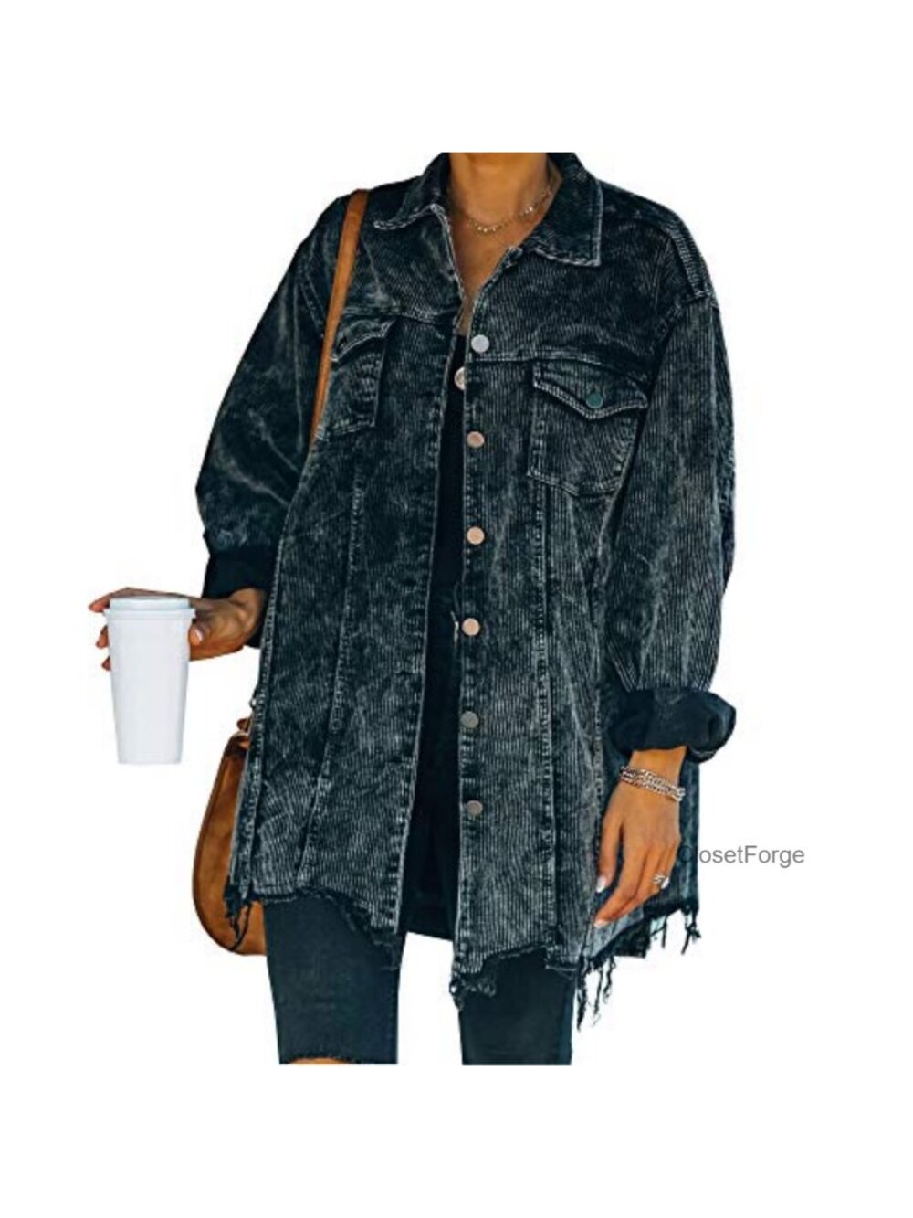 Oversized Corduroy Jacket Button Down Retro Coat Frayed Hem Drop Shoulder